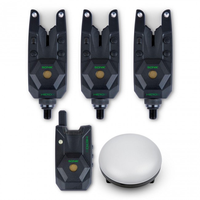 Sonik HeroX Bite Alarm Set 3+1 сигнализатори с лампа | TRIBAL-FISHING.com